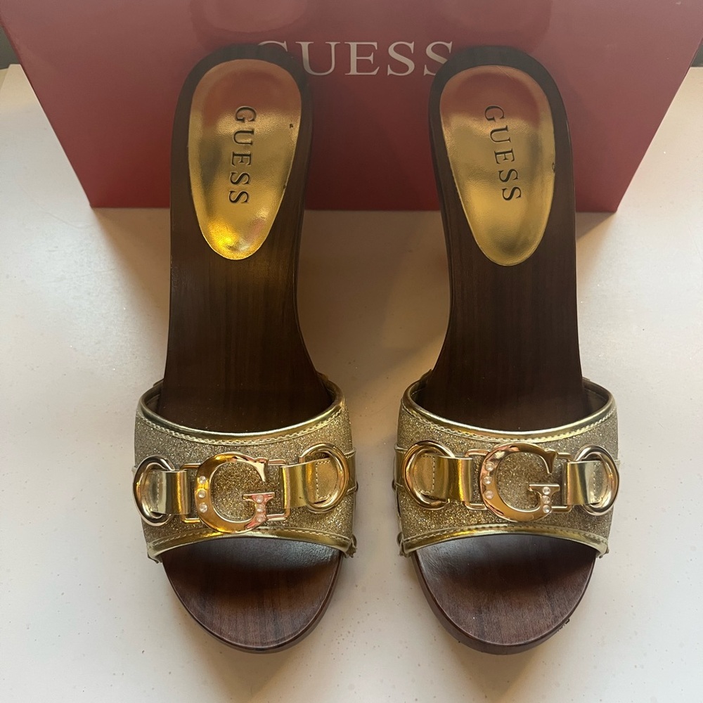 Guess Metallic Gold Mules with Logo Detail
